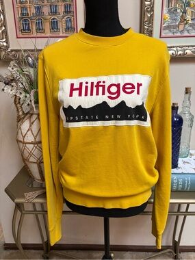 TOMMY HILFIGER Y2K YELLOW LONG SLEEVE  UPSTATE NY GRAPHIC SWEATSHIRT SZ S-M